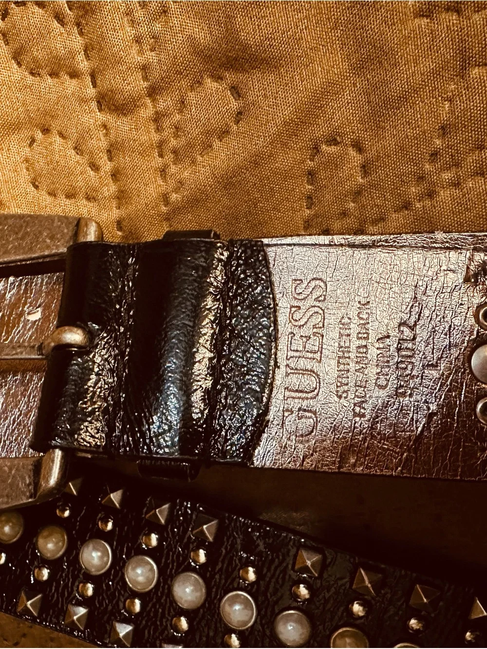 Guess Black Studded Leather Belt with Pearl Accents